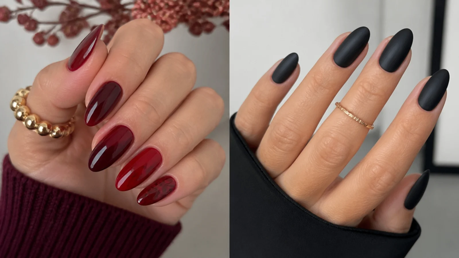 Warm oxblood and berry almond nails beside cold flat black for comparison