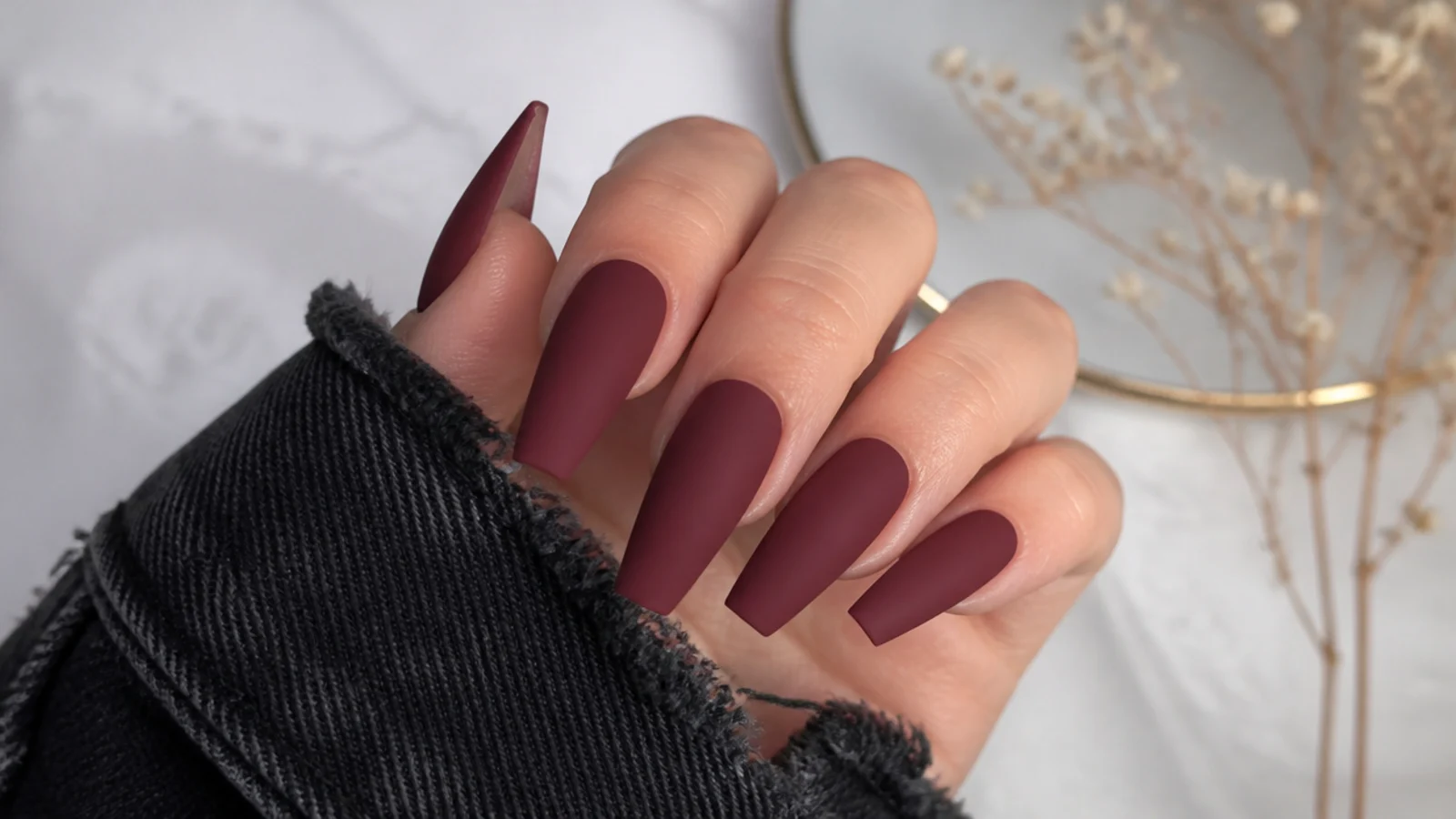 Deep wine coffin nails with a soft matte velvet finish