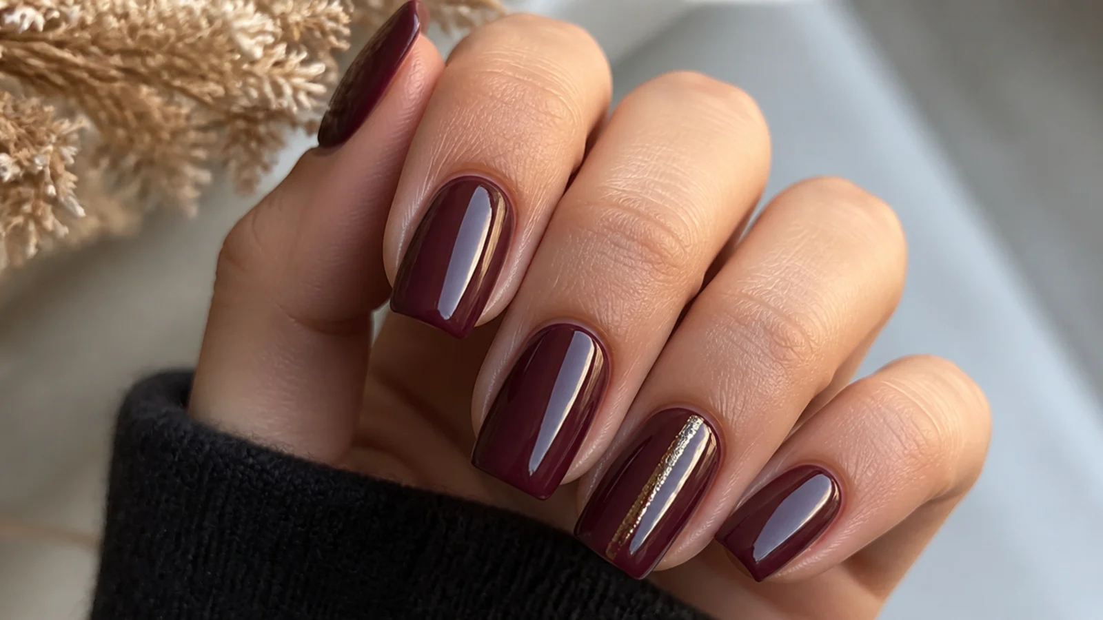 Deep berry nails with a thin gold foil line on one accent nail