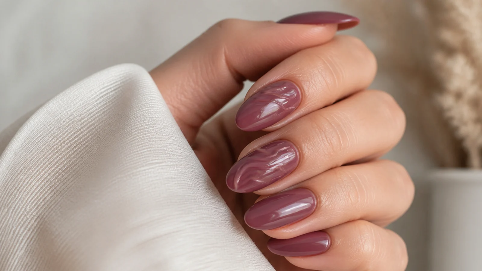 Moody mauve nails with a subtle raised 3D swirl in gel