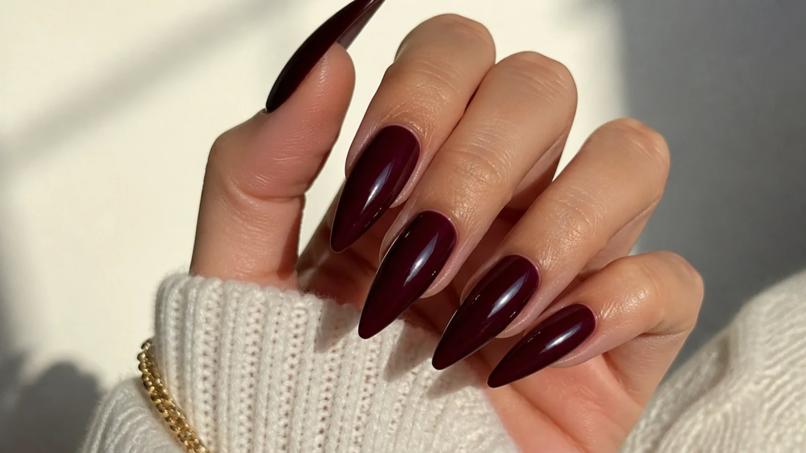 Long black-cherry stiletto nails with a deep glossy finish