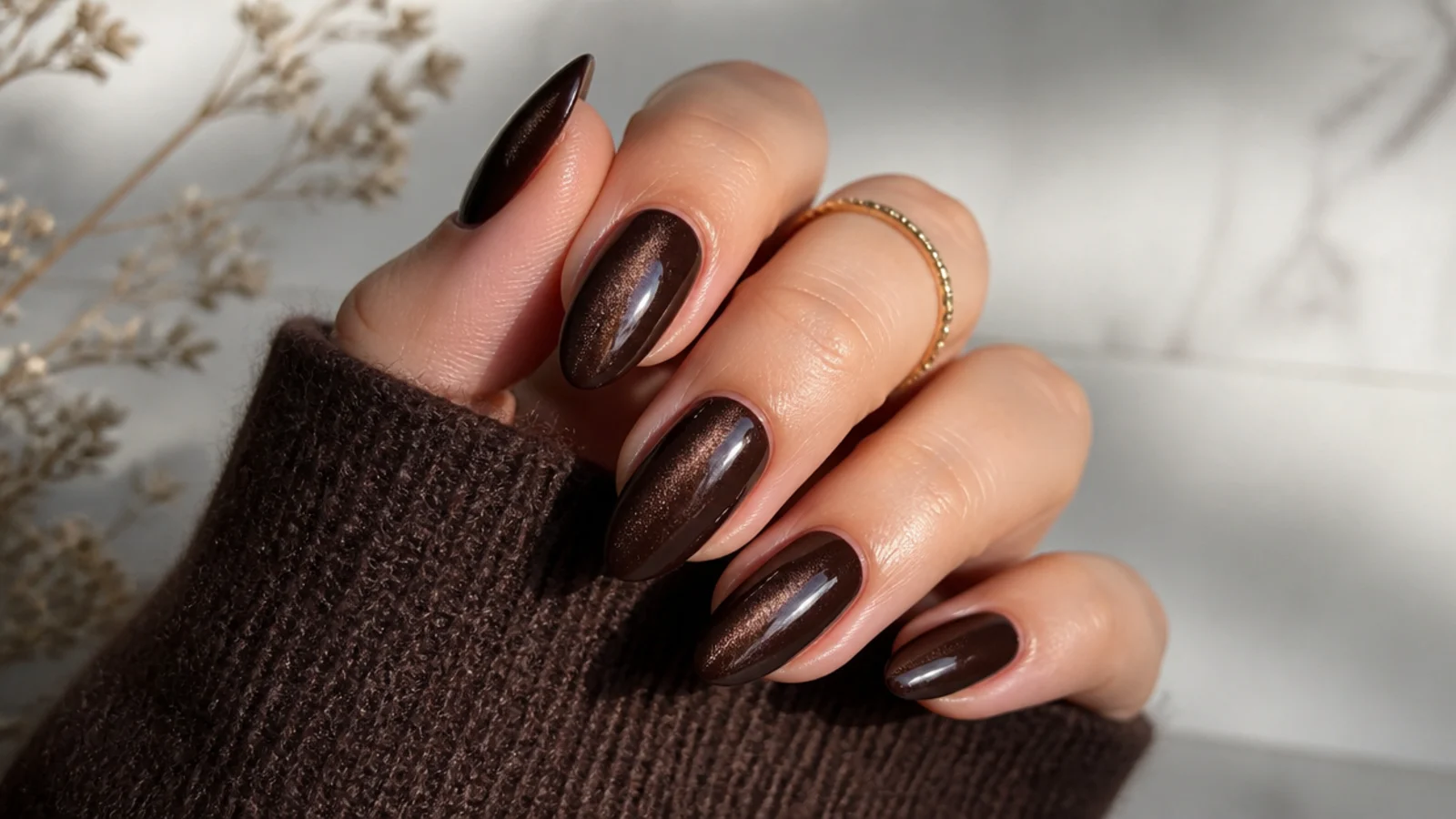 Deep espresso brown nails with a soft cat-eye velvet shimmer