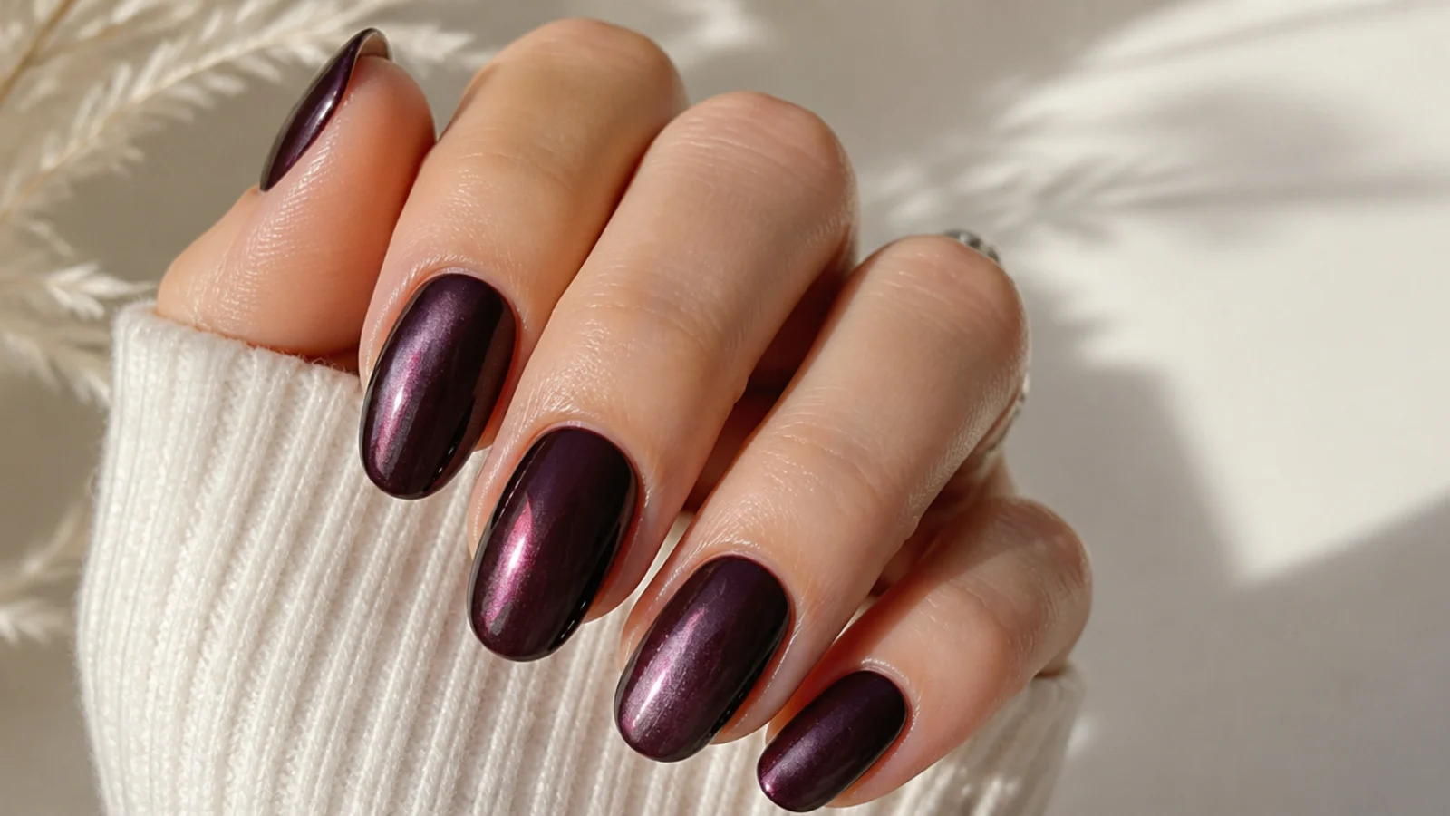 Deep blackberry nails with a pearly glazed sheen over the color