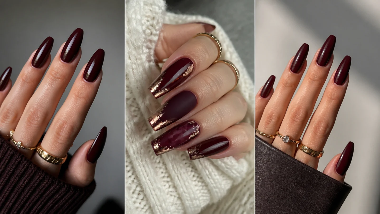 Almond, coffin and stiletto nails painted in deep oxblood