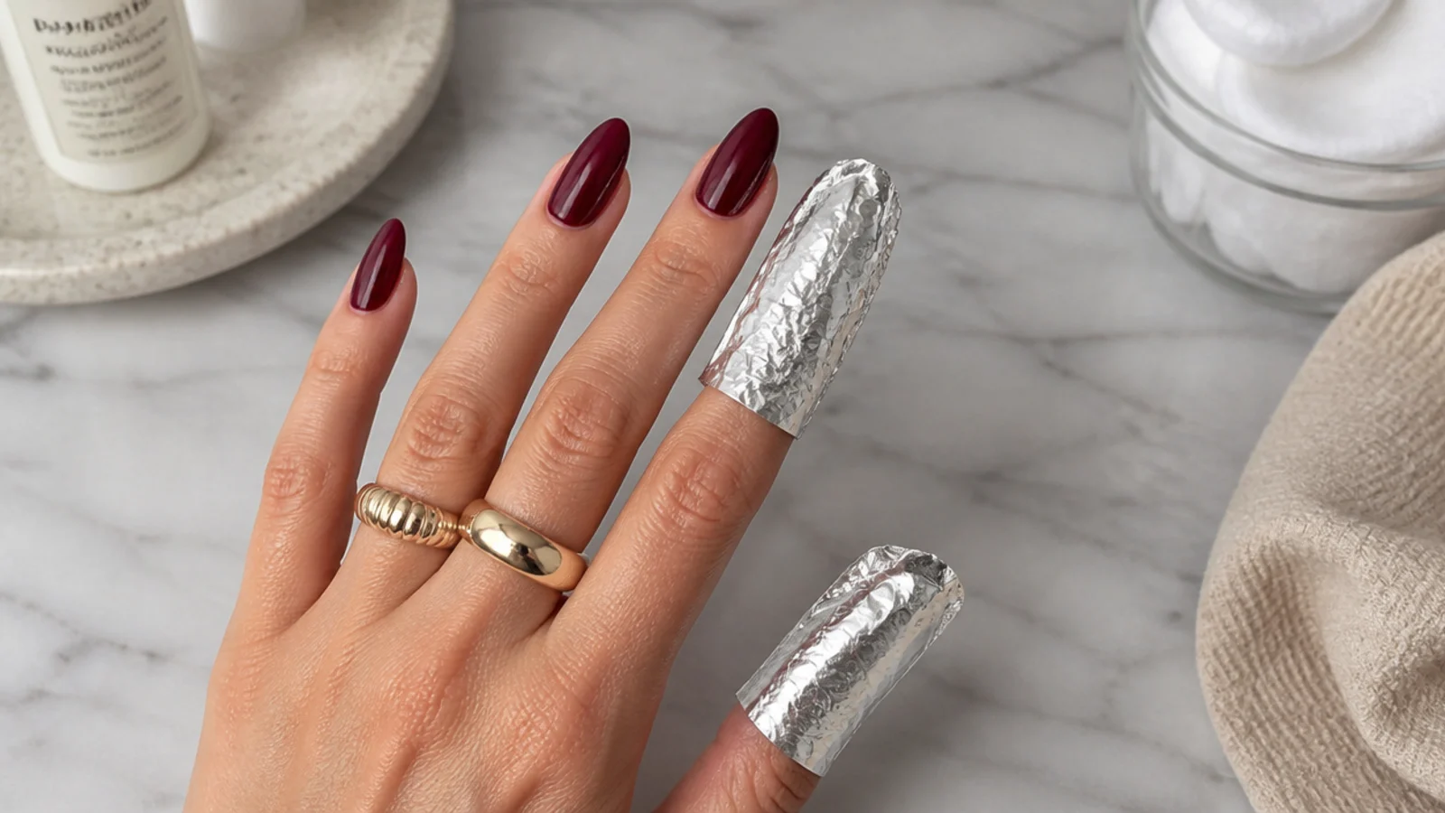 A deep oxblood gel manicure being soaked off with acetone and foil