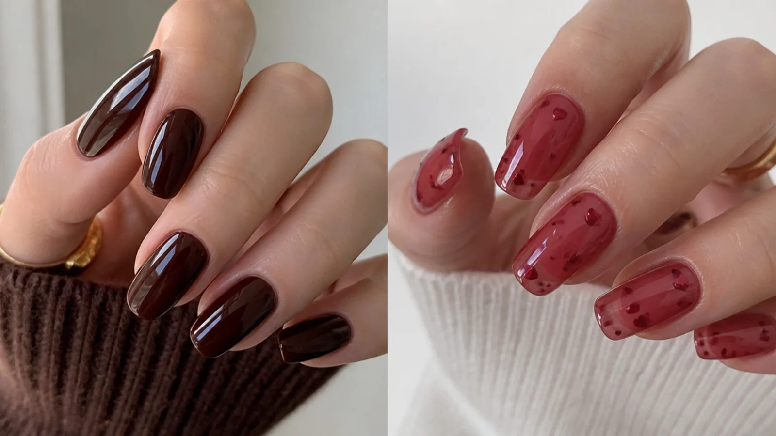 One deep chocolate office nail beside a sheer red date-night nail