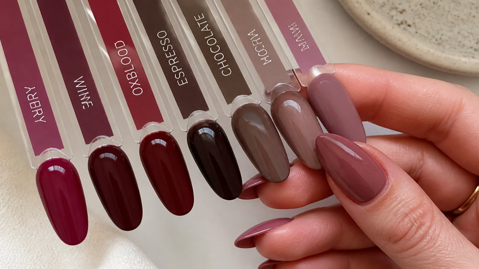 Swatches of berry, wine, oxblood, chocolate and moody mauve gel colors