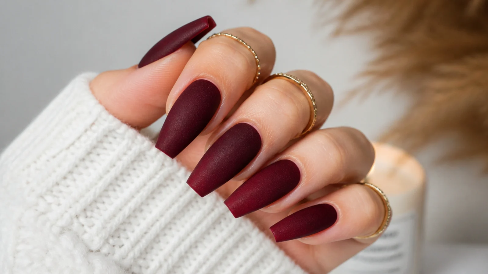 Matte velvet deep wine coffin nails with a soft suede finish