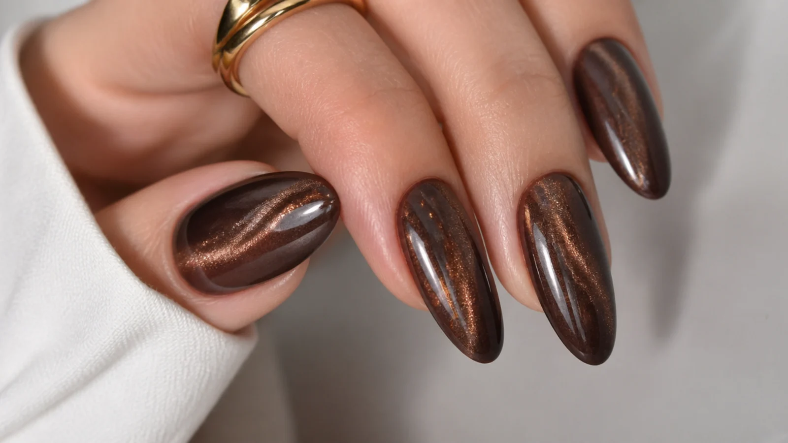 Almond nails in a chocolate brown magnetic cat-eye with a shifting shimmer