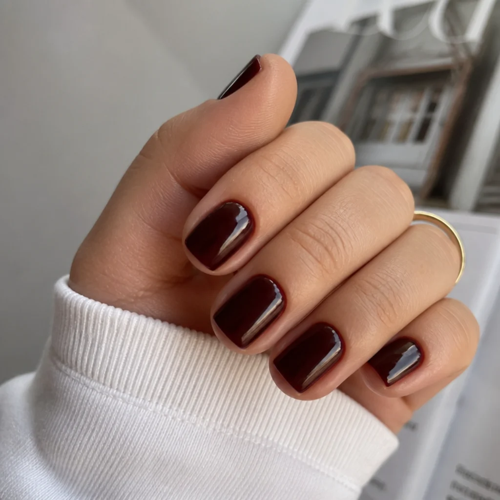 Short square oxblood nails with a clean glossy finish