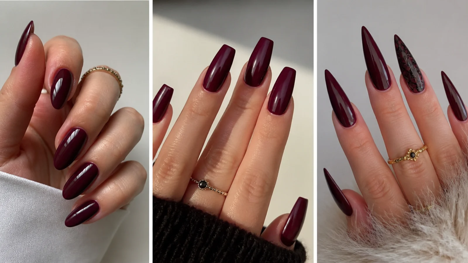 Almond, coffin and stiletto nails in deep oxblood showing dark feminine shapes