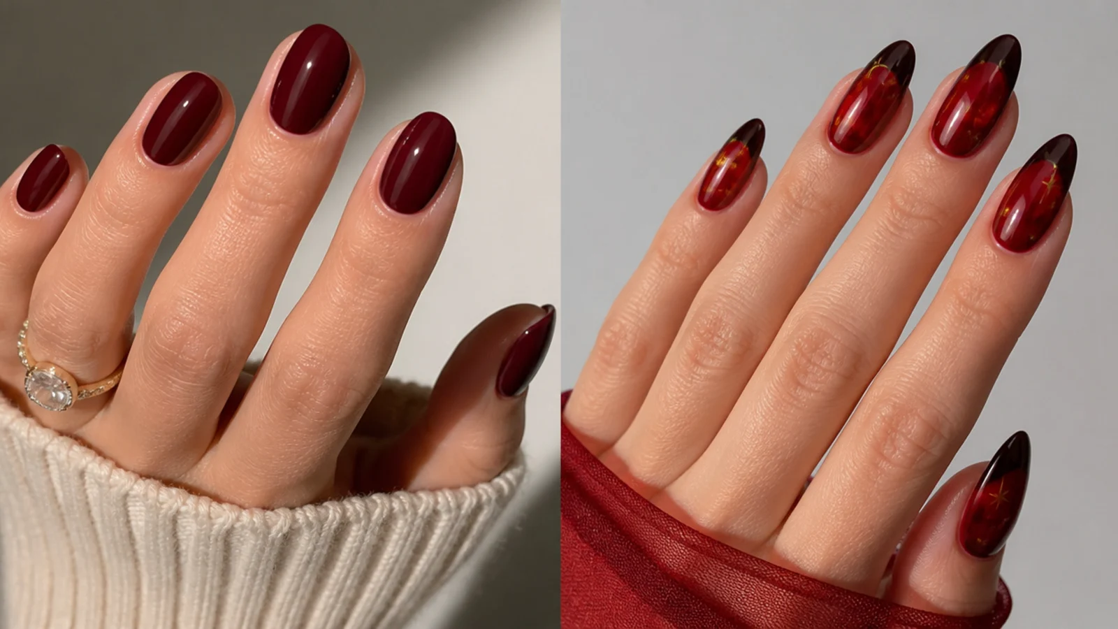 Deep berry office-appropriate nails beside a dramatic sheer red date-night set