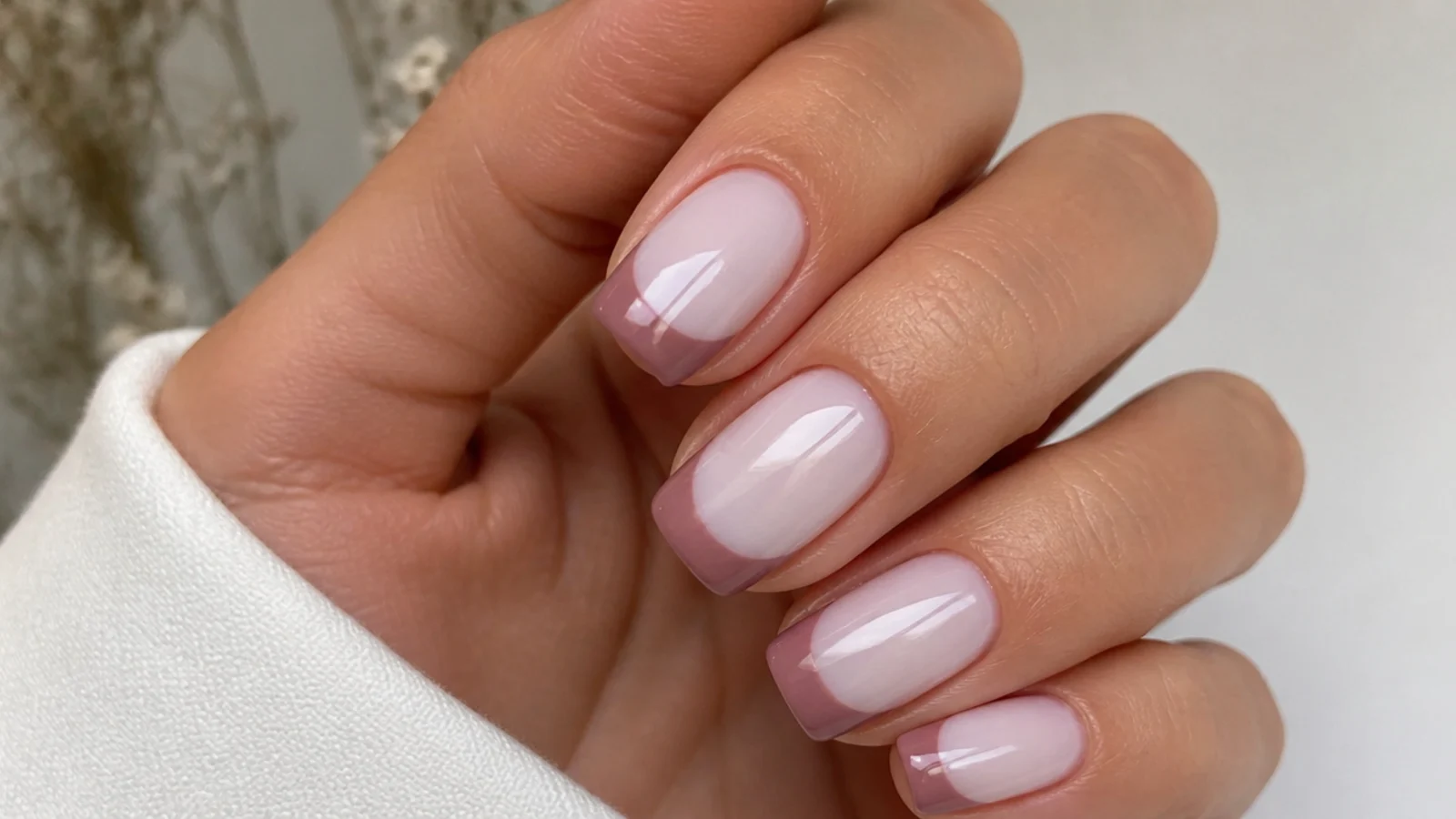 Squoval nails with a milky base and soft moody mauve French tips