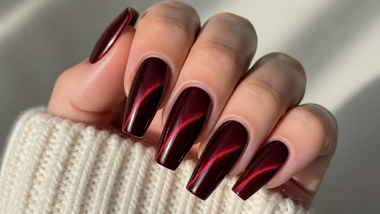 Coffin nails in deep oxblood with a magnetic cat-eye shimmer stripe