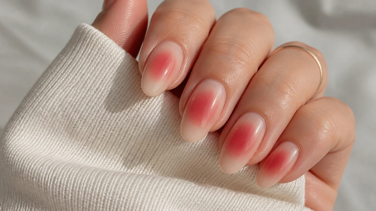 Almond nails with a sheer nude base and a soft blurred red aura glow in the center