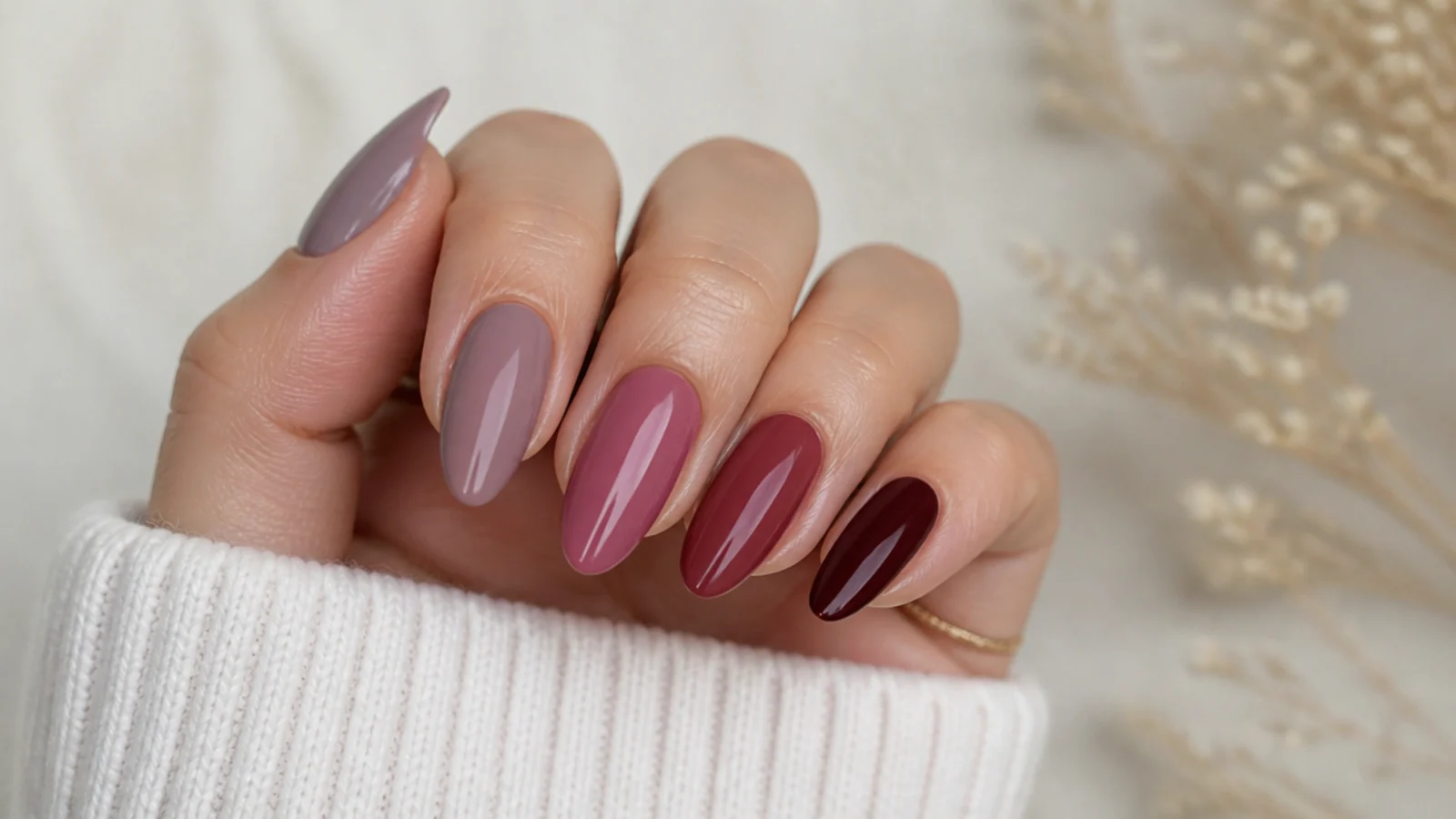 Almond nails in a skittle gradient from moody mauve through berry to deep wine