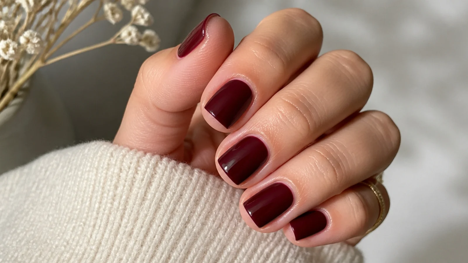 Very short squoval nails in glossy deep berry with a clean finish