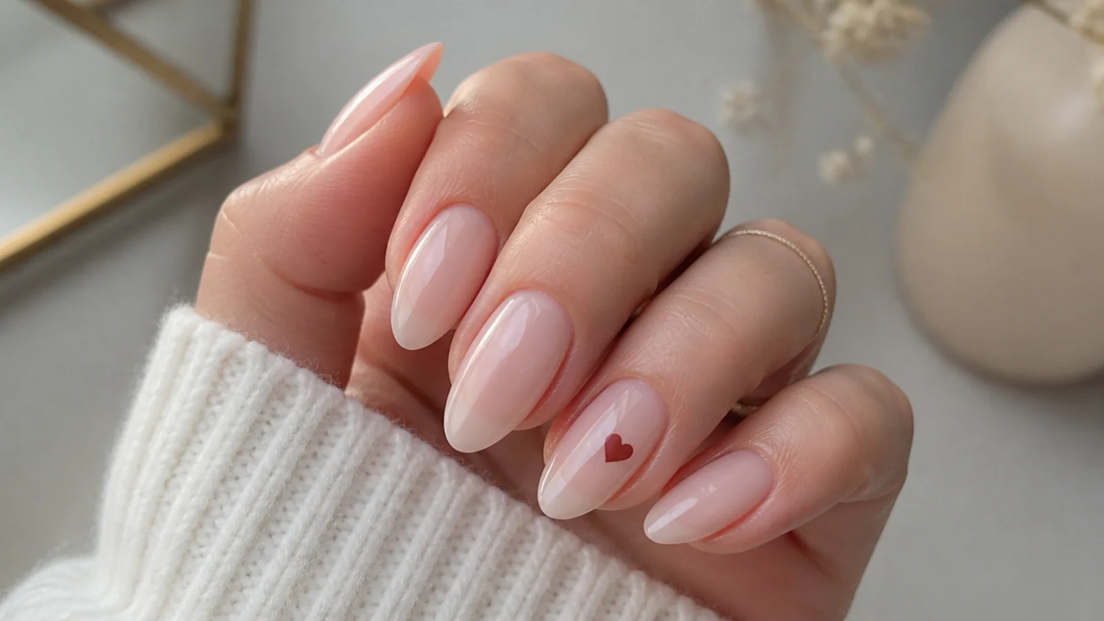 Almond nails in sheer nude with a tiny deep wine heart on one accent nail