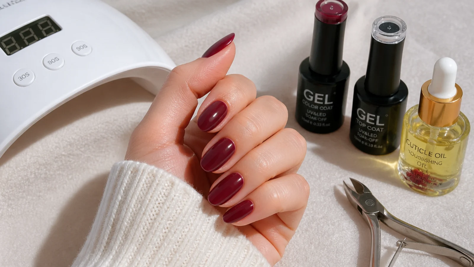 Deep berry gel, top coat, lamp and cuticle oil laid out for a home manicure