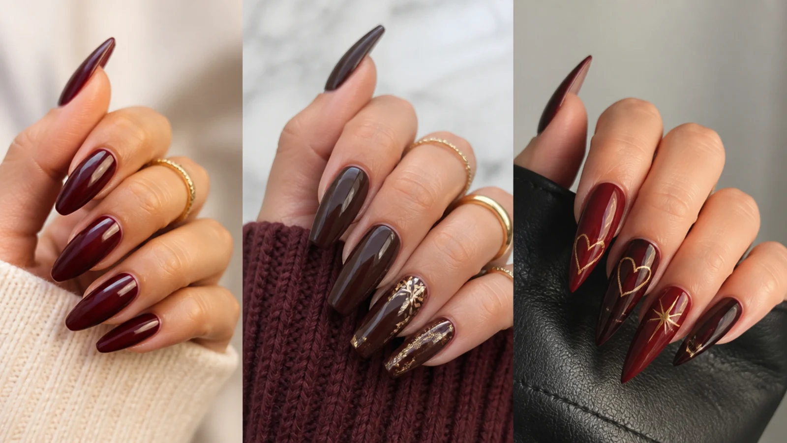 Almond, coffin and stiletto nails all in deep dark feminine shades