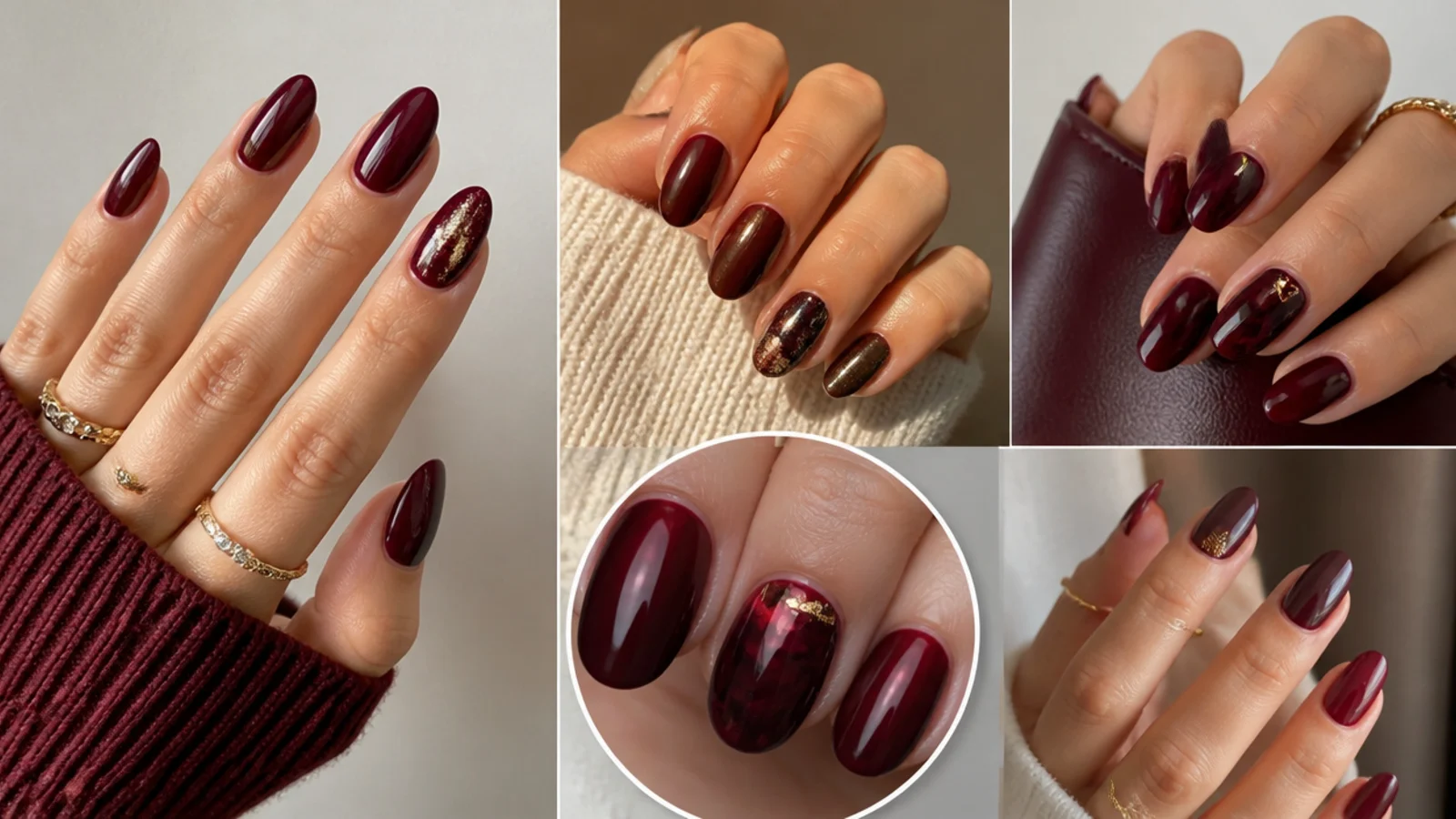 A collage of dark feminine nails in glossy oxblood, deep berry, sheer wine and gold-flecked merlot