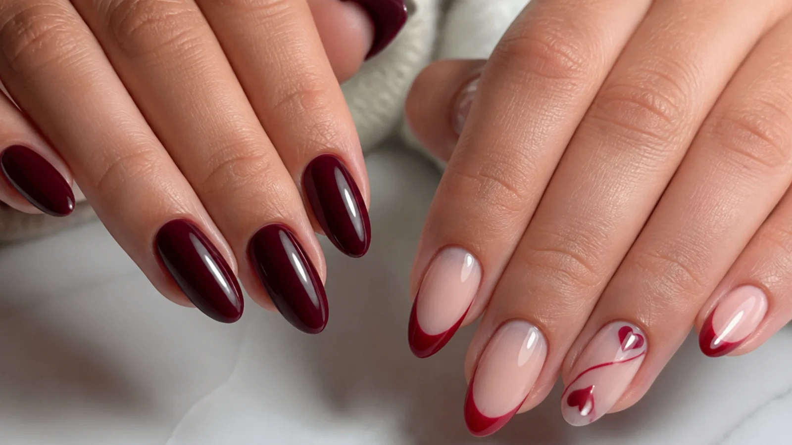 Deep berry office nails beside sheer red negative-space date-night nails