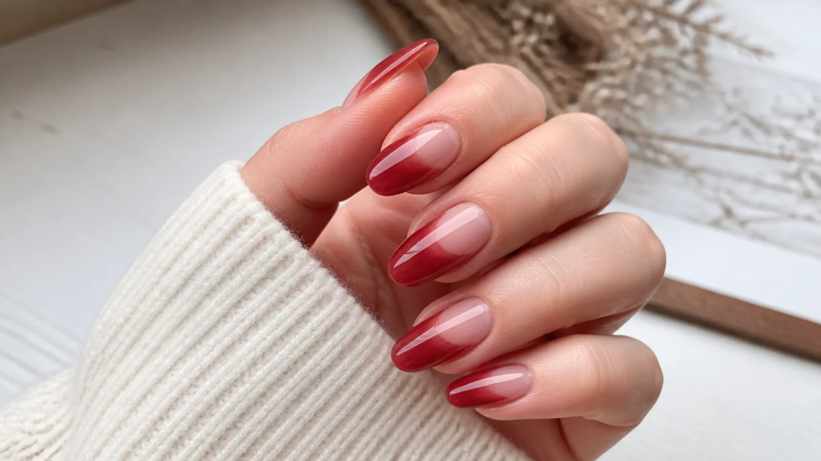 Sheer warm red almond nails with the natural nail showing through