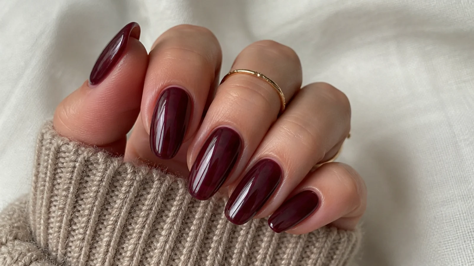 Sheer black cherry nails with a translucent jelly finish