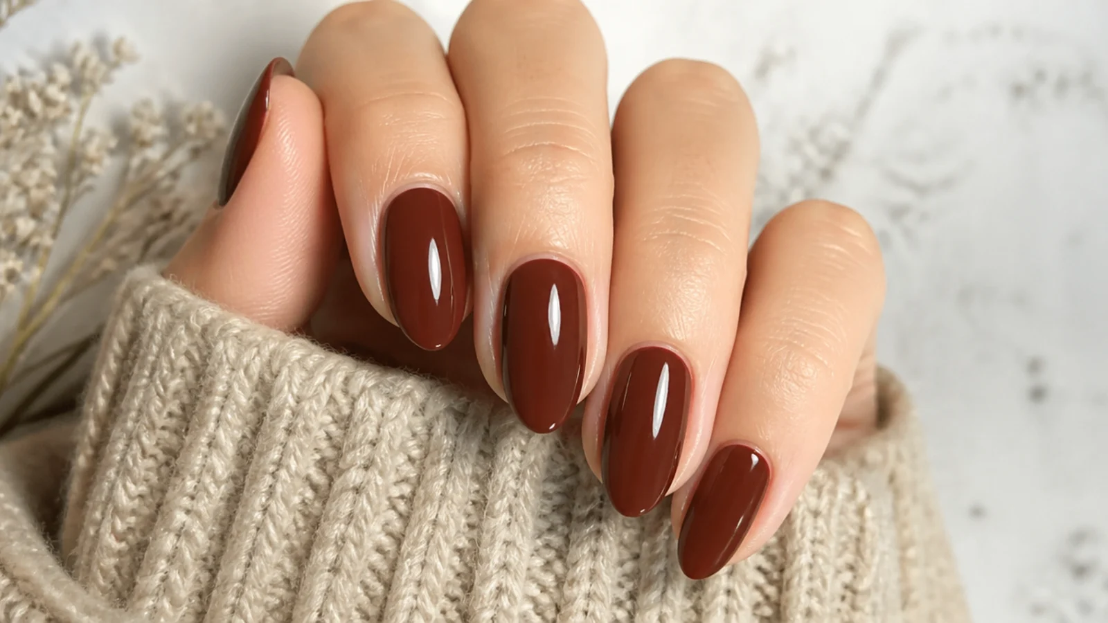 Short almond nails in glossy mahogany brown-red