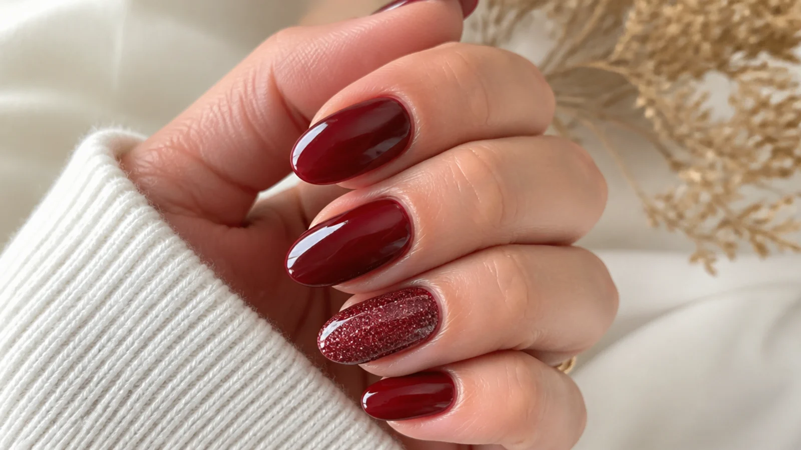 Deep garnet red nails with one fine-glitter sparkle accent nail