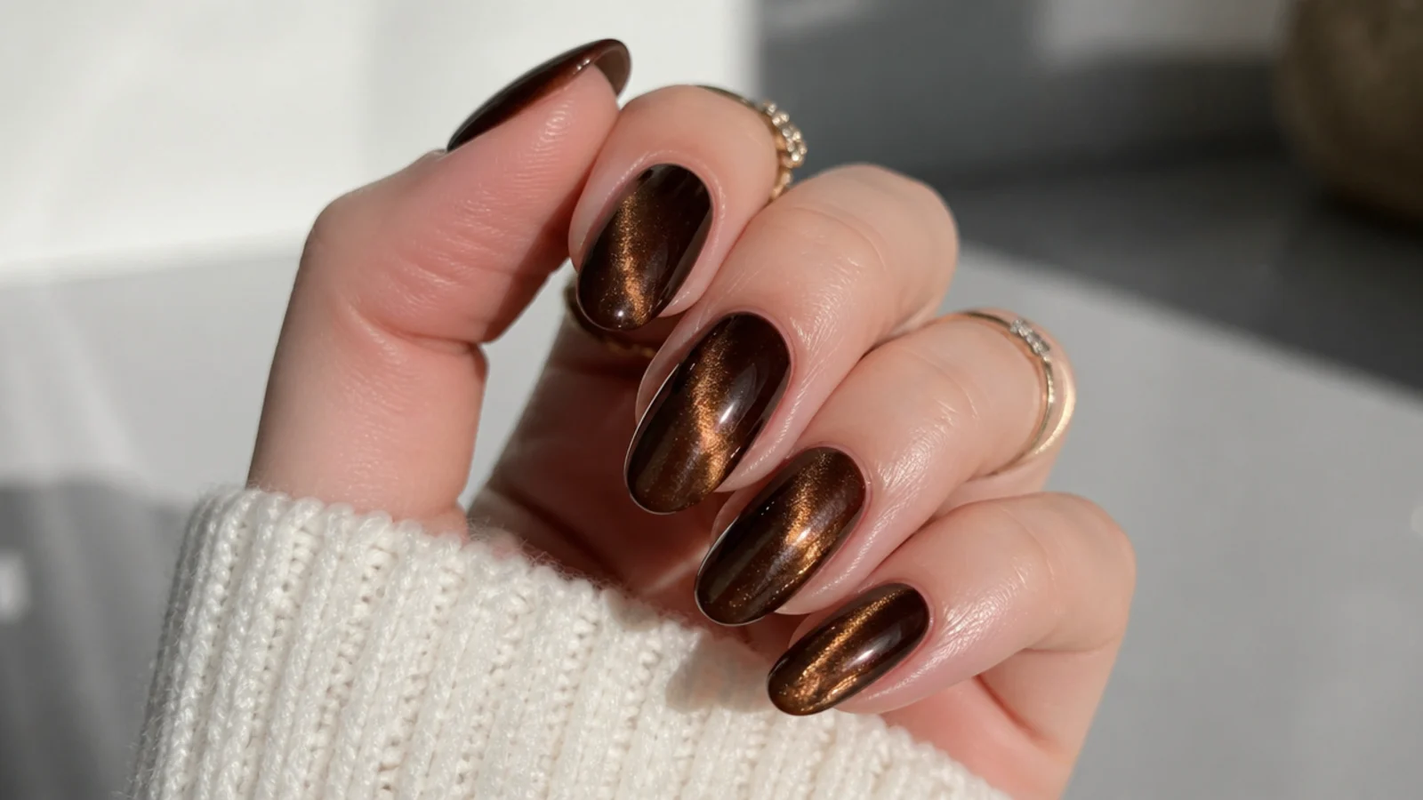 Deep espresso brown cat-eye nails with a shifting magnetic stripe