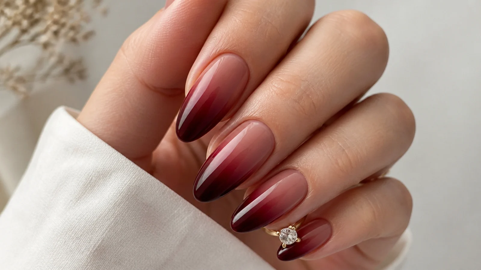 Nails fading from nude at the base to deep black cherry at the tips