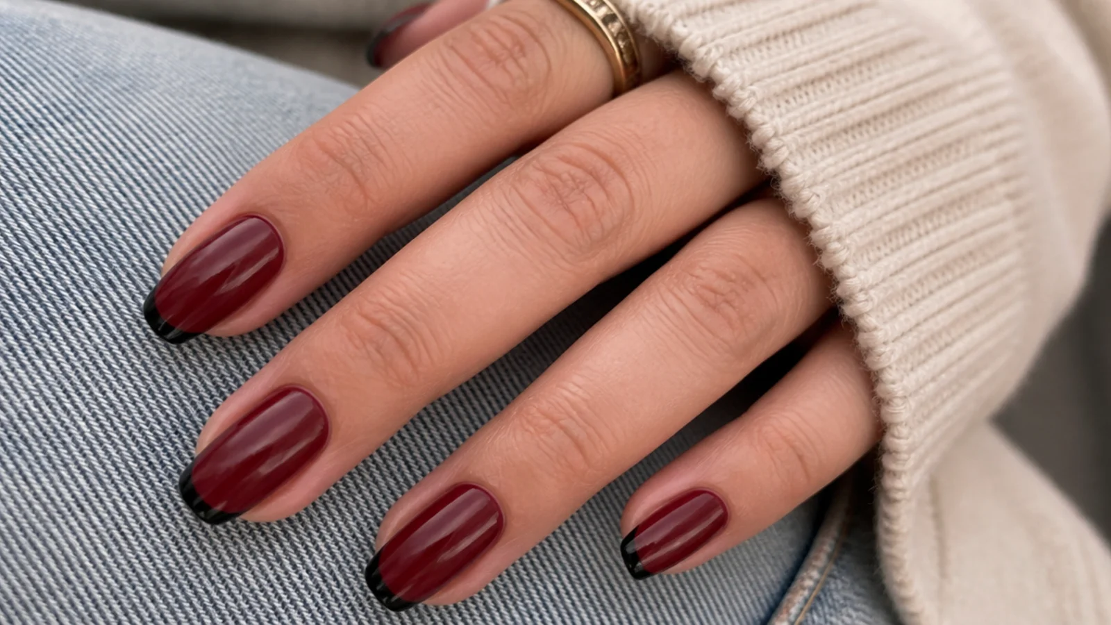 Wine red nails with a fine black micro French tip line