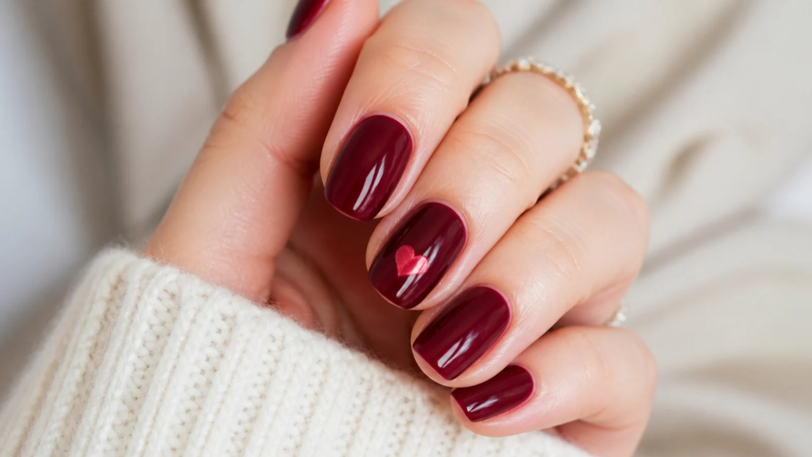 Oxblood nails with one tiny glossy heart accent for Valentines