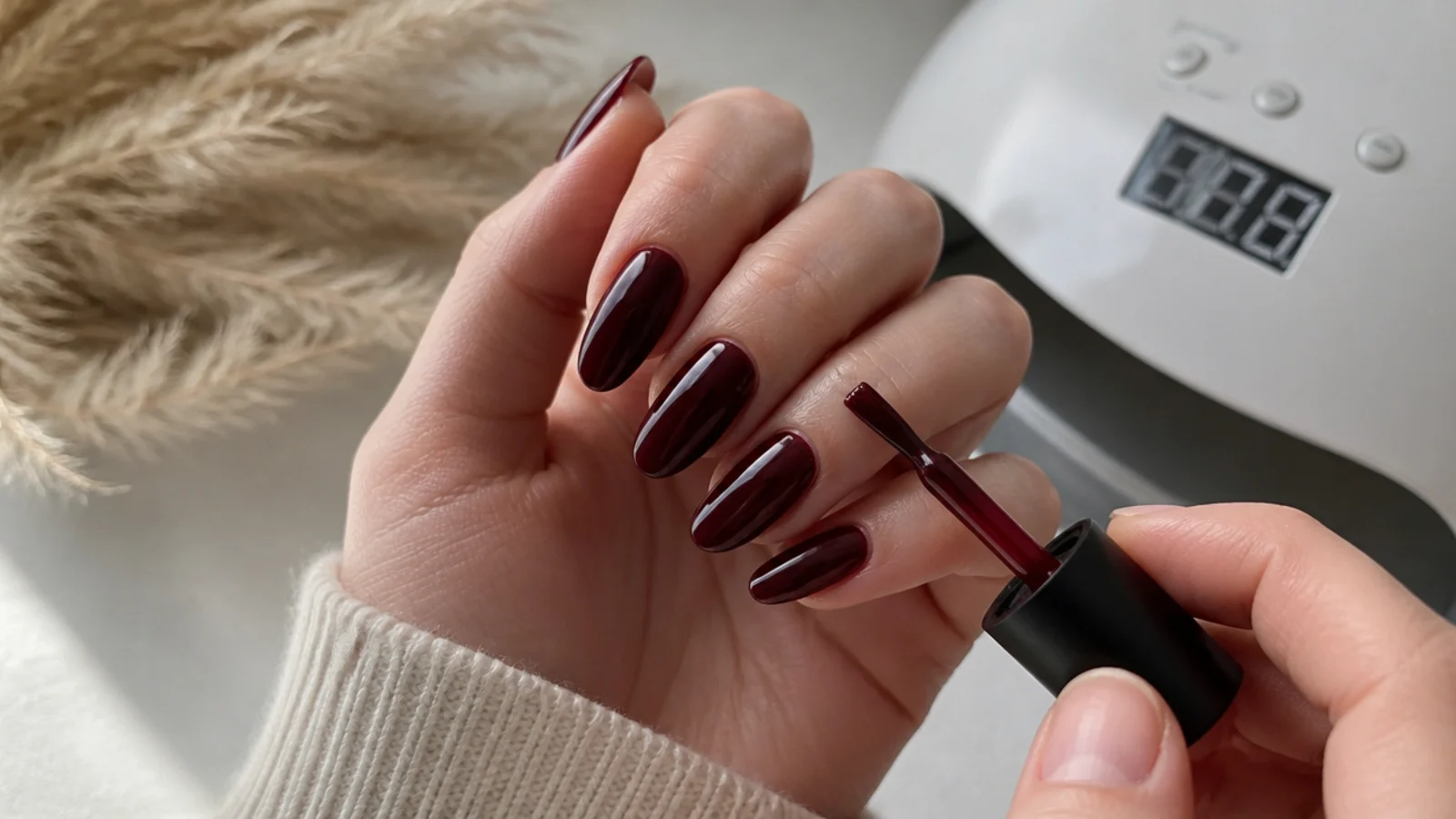 Deep oxblood gel being applied in thin coats with a lamp nearby