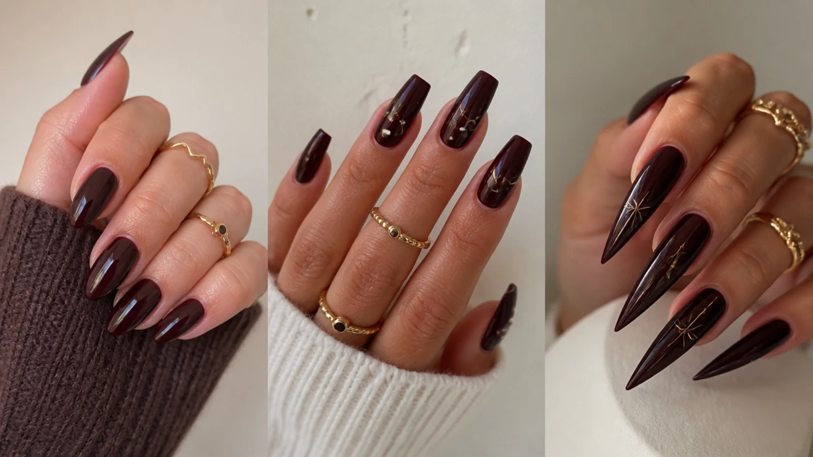 Almond, coffin and stiletto nail shapes in deep oxblood