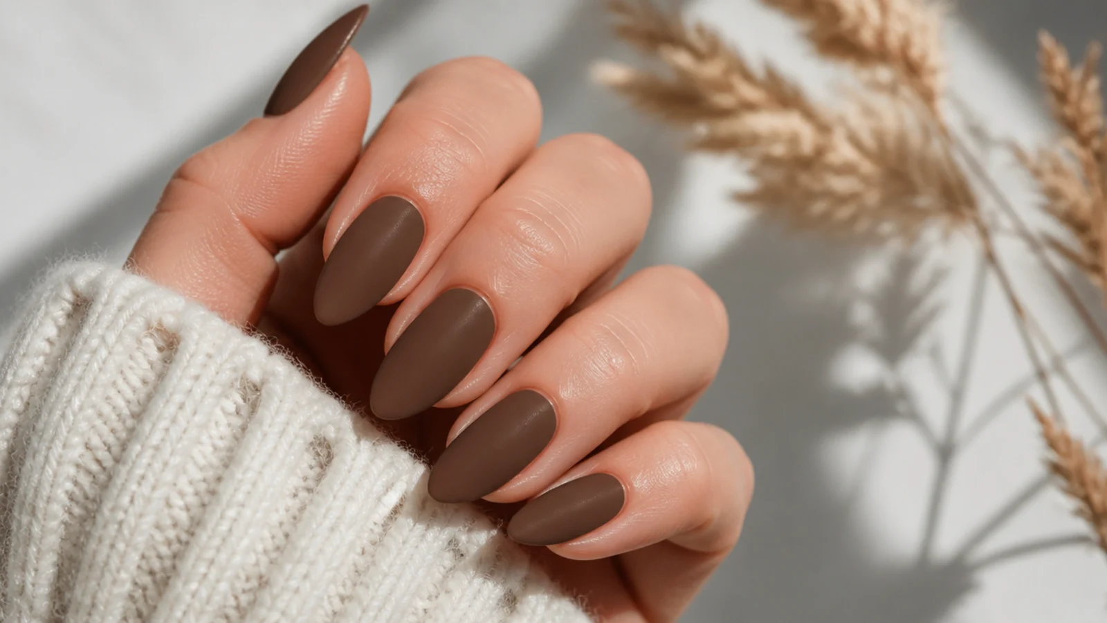 Soft matte chocolate brown almond nails with a velvet finish
