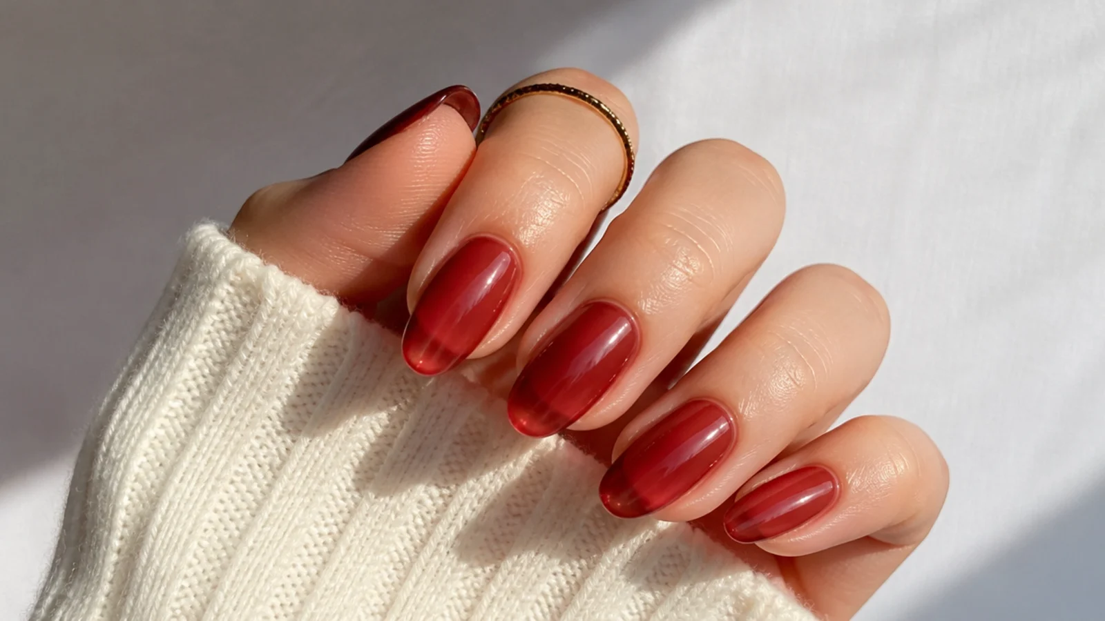 Sheer warm red almond nails with a soft translucent glossy finish