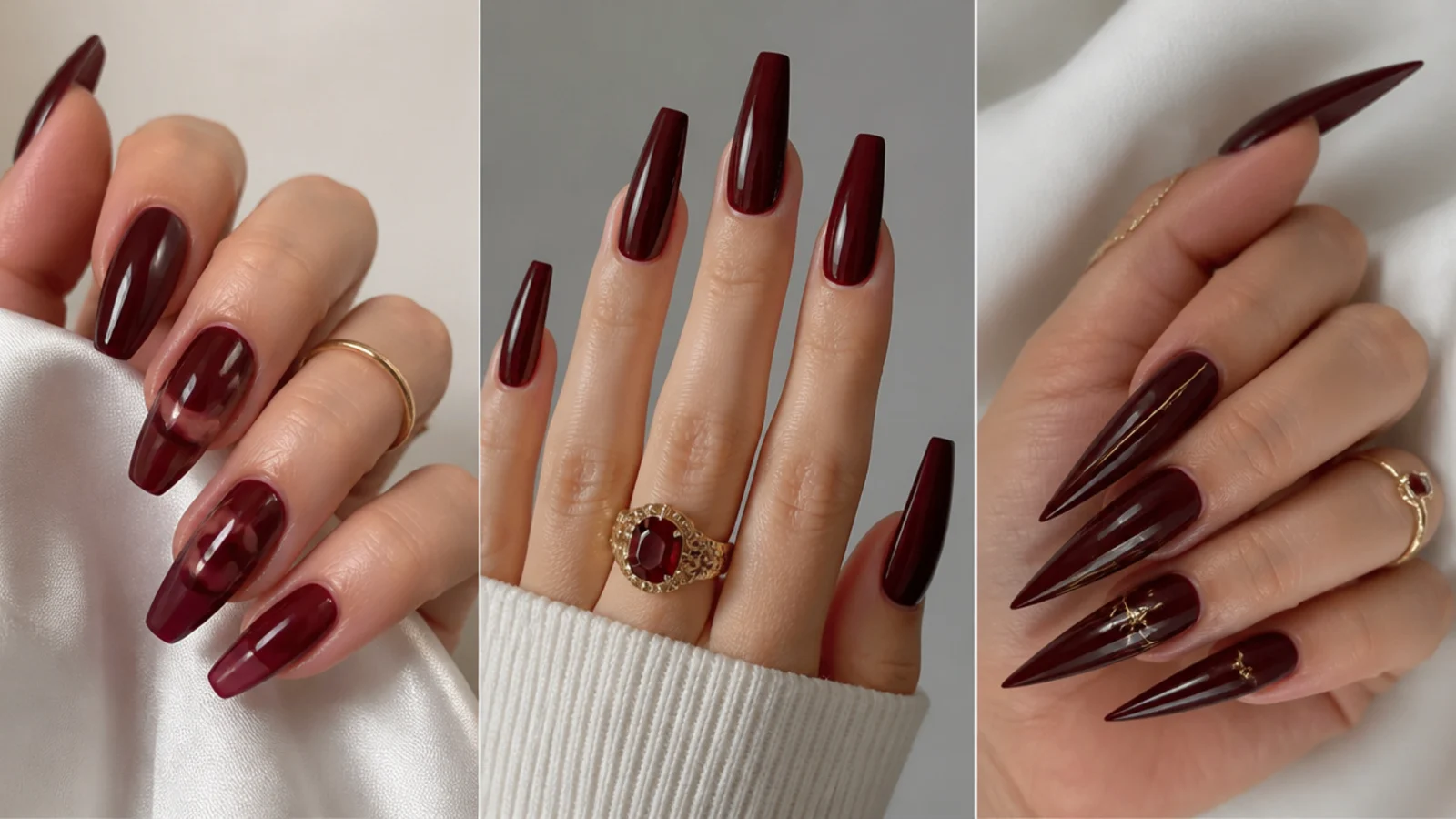 Almond, coffin and stiletto nails in deep oxblood showing dark feminine shapes