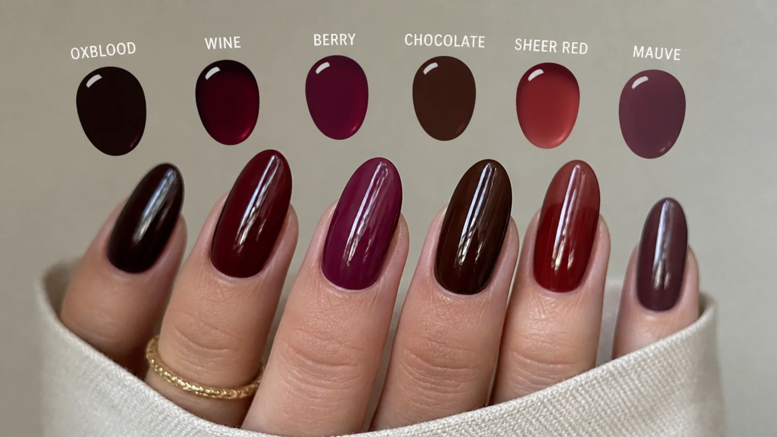 Swatches of oxblood, wine, berry, chocolate, sheer red and mauve dark feminine shades