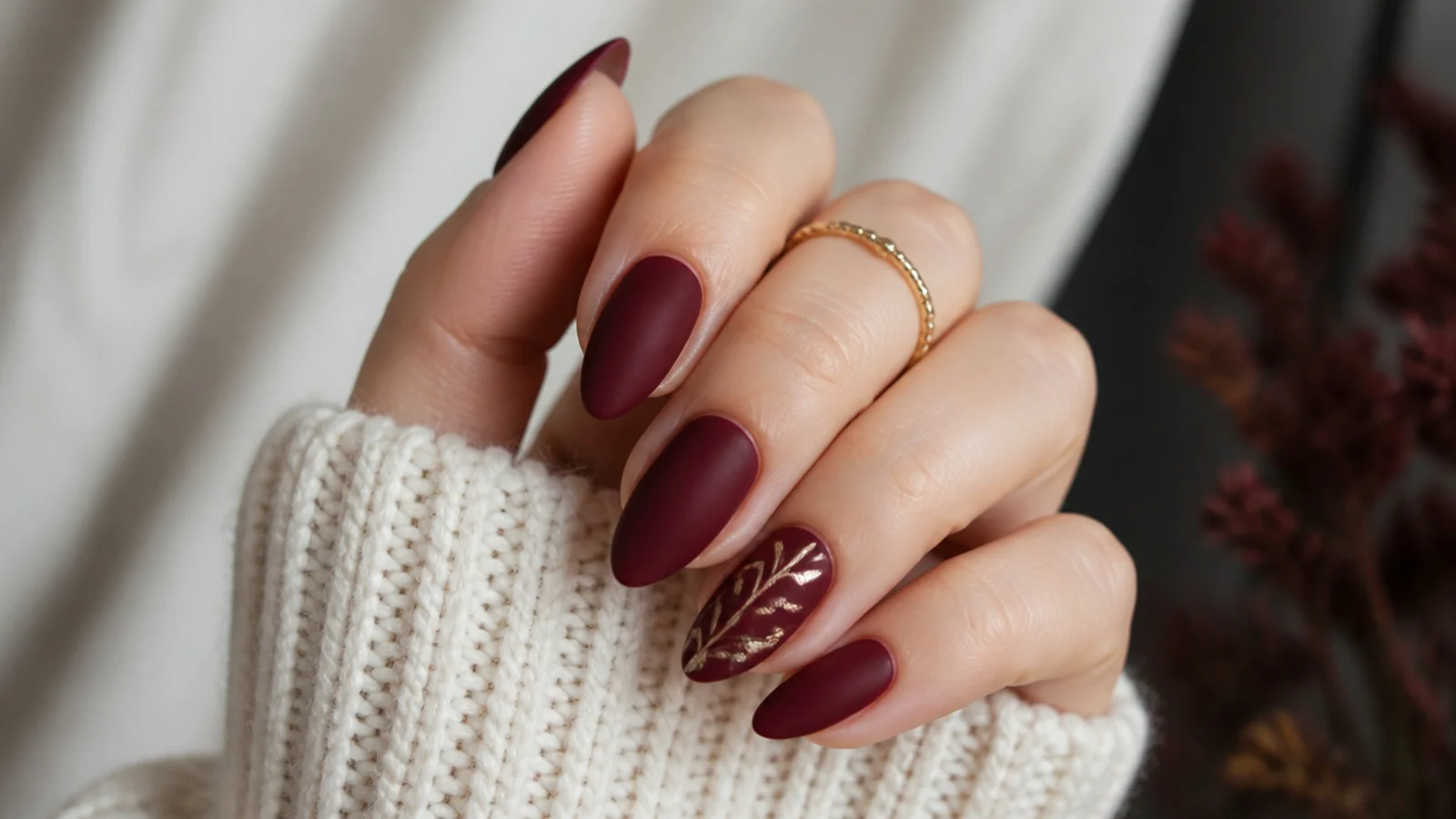 Soft velvet matte wine dark feminine nails on almond nails