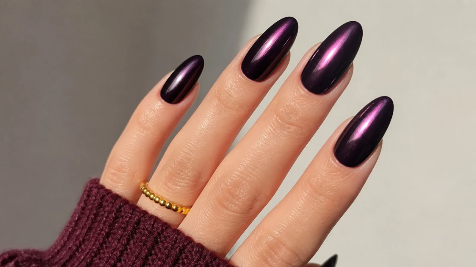 Dark blackberry chrome dark feminine nails with a mirror metallic shine