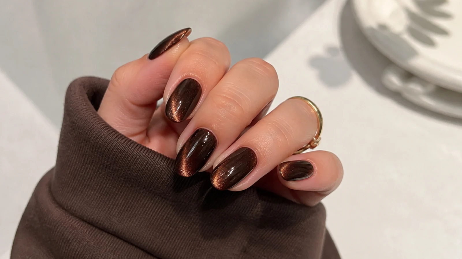 Deep espresso brown cat-eye dark feminine nails with a magnetic light streak