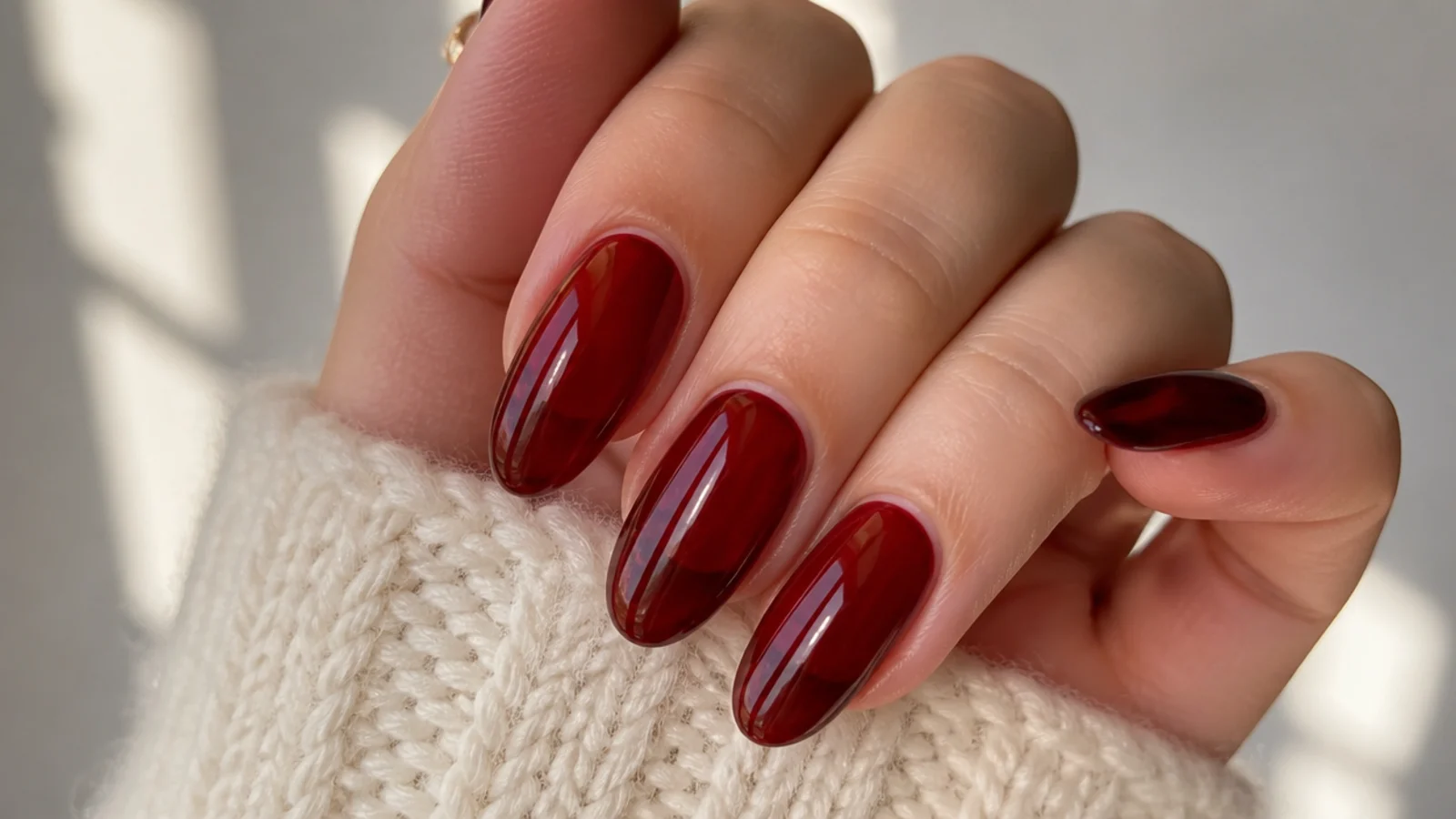Sheer cherry cordial jelly dark feminine nails with a glassy translucent finish