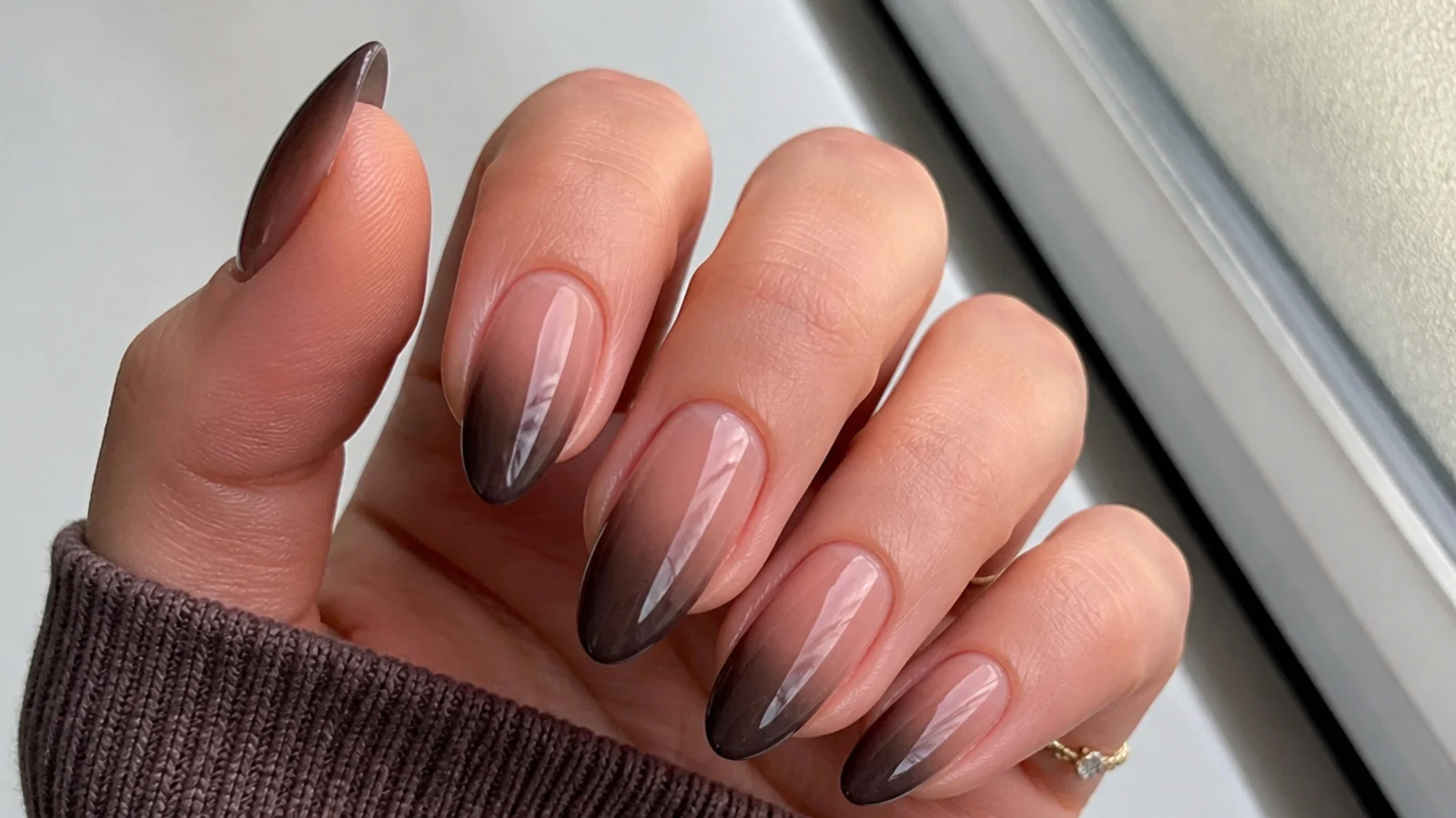 Mocha to nude ombre dark feminine nails fading from deep brown to bare