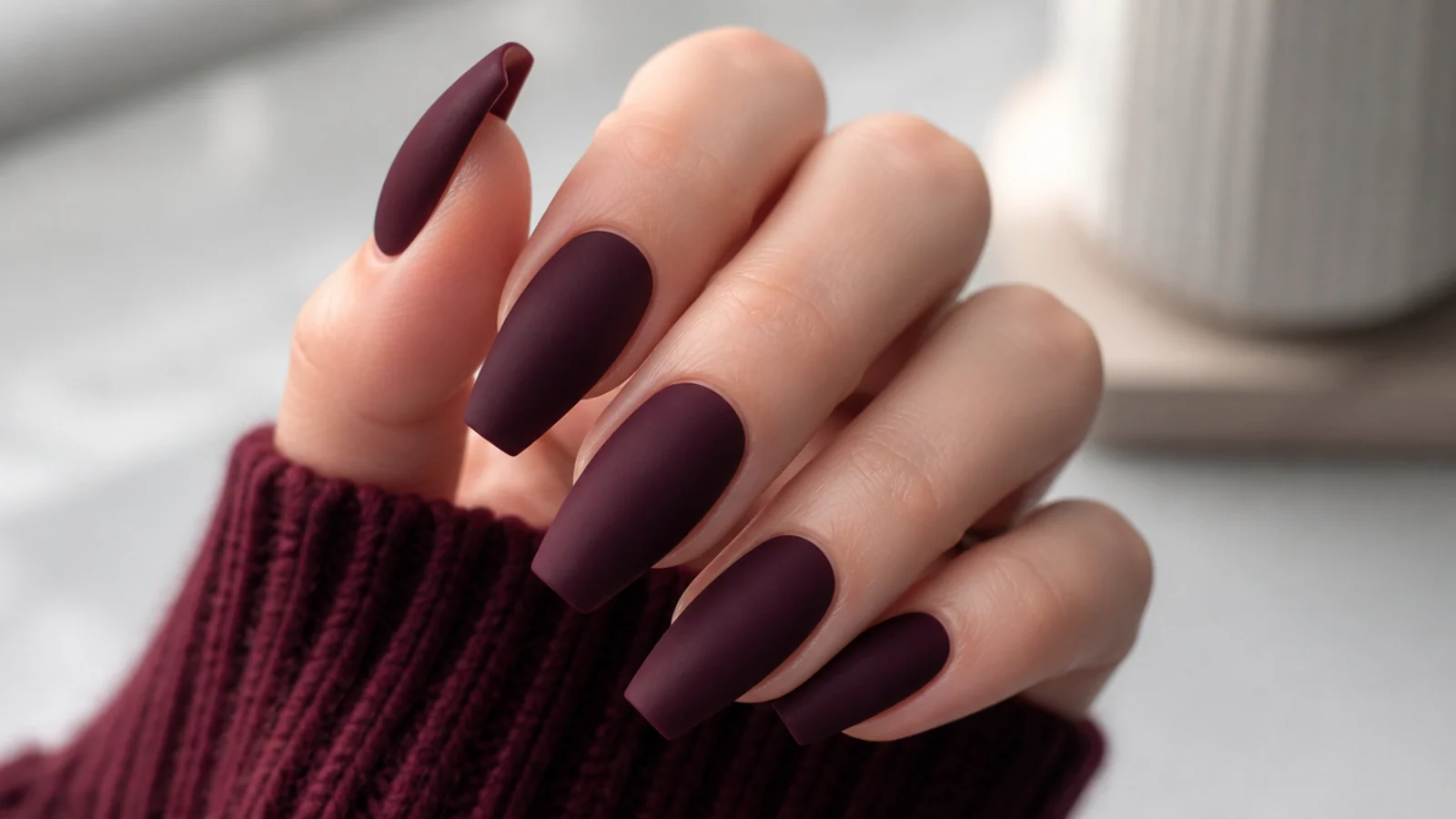 Deep mulberry velvet matte coffin dark feminine nails