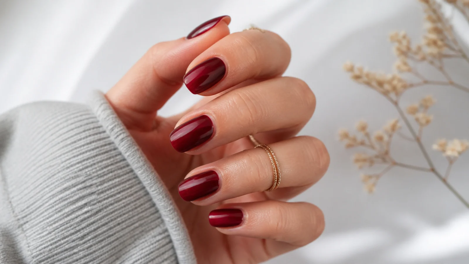 Sheer rouge red dark feminine nails with a soft glossy your-nails-but-better finish