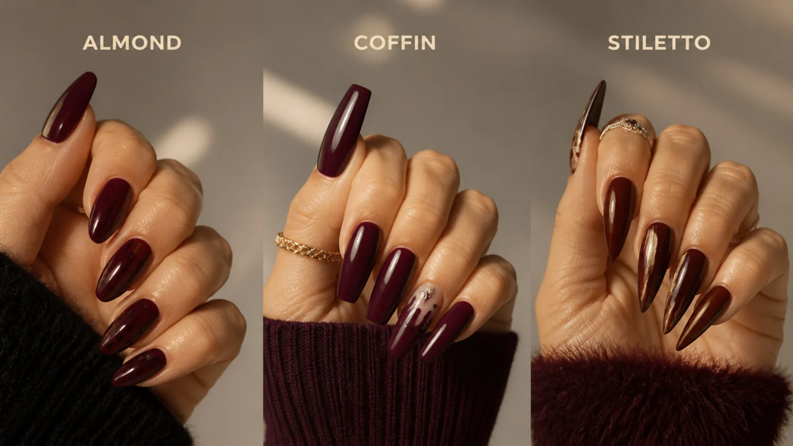 Almond, coffin and stiletto dark feminine nails in deep oxblood side by side