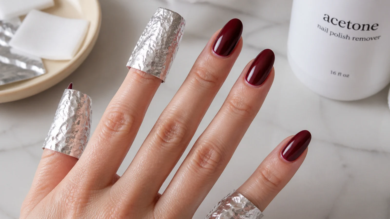 Deep oxblood gel nails being safely soaked off with acetone and foil wraps