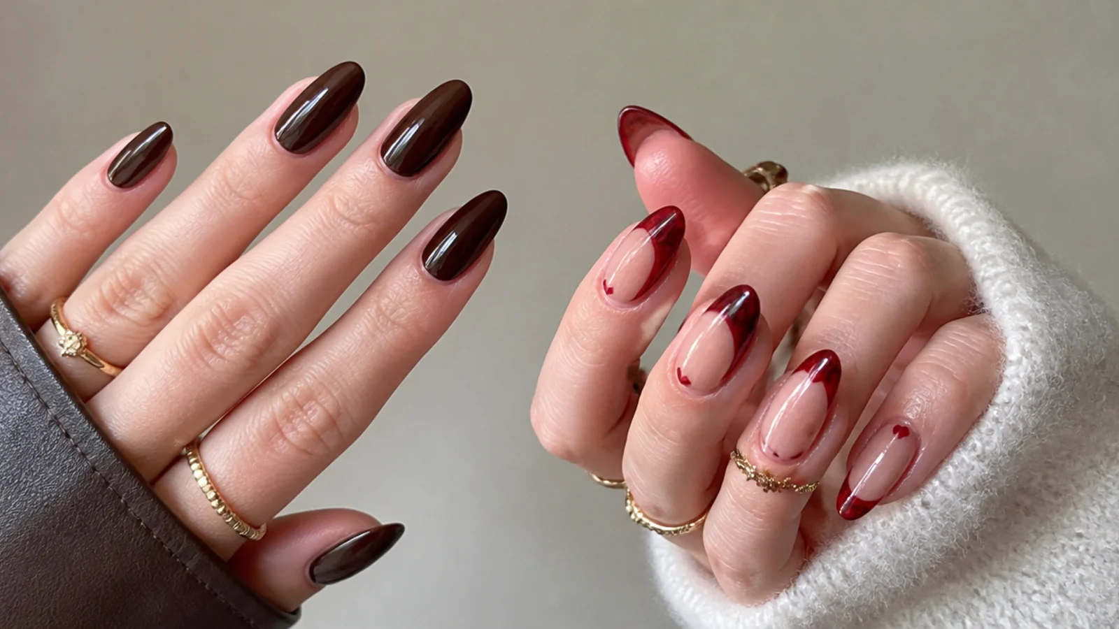 Deep chocolate office dark feminine nails beside a sheer red negative-space date-night set